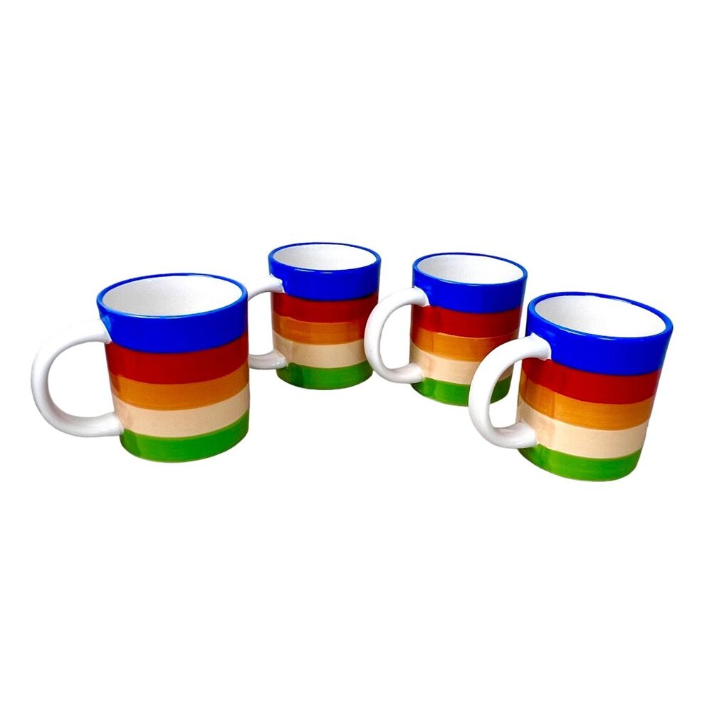 Set Of 4 Gibson Hand-Painted Ceramic Rainbow Stripe Coffee Mugs 12 oz -3 3/4" H
